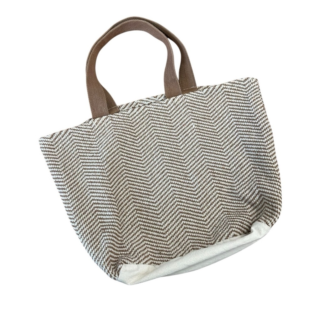 Brown and cream herringbone pattern woven canvas tote bag - Picture 2 of 7